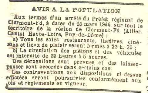 Journal de Thiers 18-03-1944 - Avis à la population